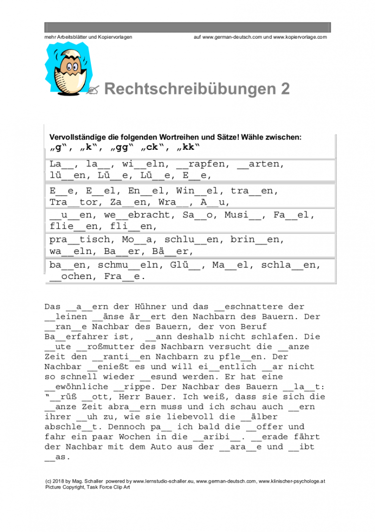 Deutsche Rechtschreibung für die Deutschprüfung: Doppelkonsonanten („ck“, „kk“, „gg“) – Übung mit Lösung