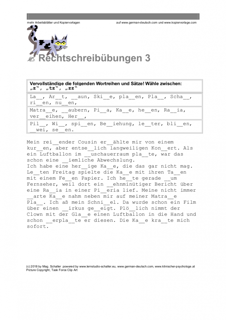 Deutsche Rechtschreibung für die Deutschprüfung: Doppelkonsonanten („z“, „tz“, „zz“) – Übung mit Lösung